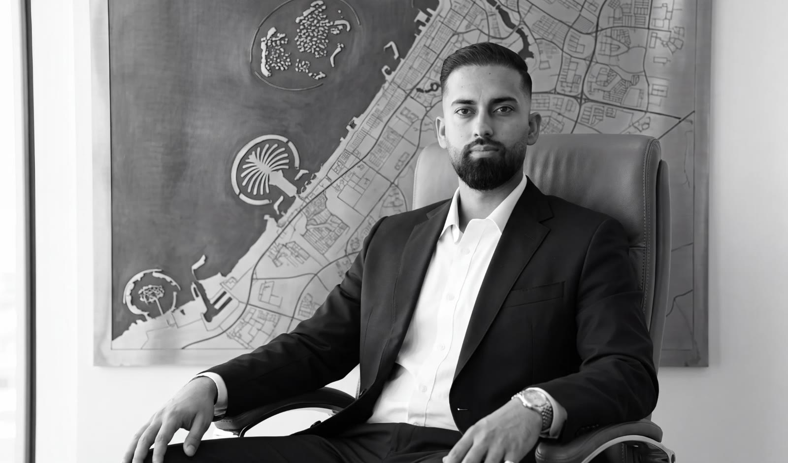 Kamran Sharaf, Founder and CEO of Sharaf Global Resources, seated in his Ras Al Khaimah office